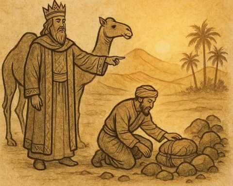Parchment-style artwork of a Yemeni king testing a skilled tracker in the desert, Socotra Island folktale.