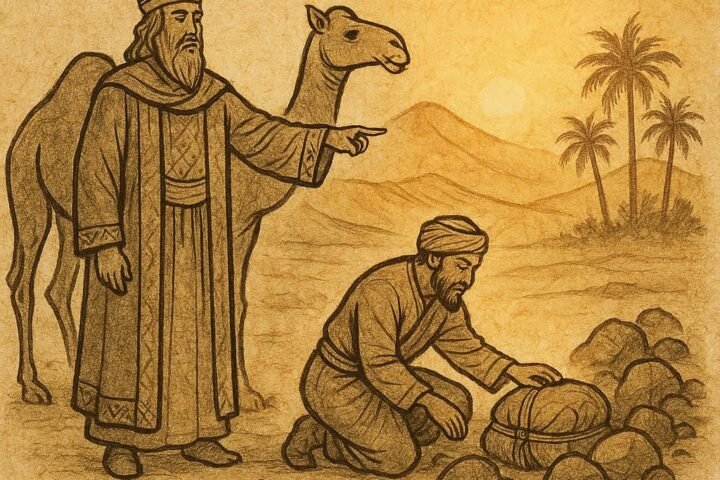 Parchment-style artwork of a Yemeni king testing a skilled tracker in the desert, Socotra Island folktale.