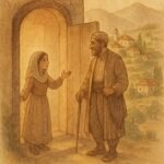 Parchment-style artwork of Rida welcoming her father, Lebanese folktale scene.