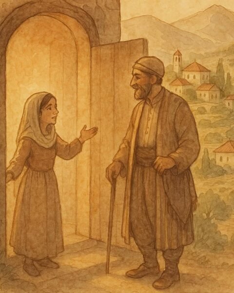 Parchment-style artwork of Rida welcoming her father, Lebanese folktale scene.