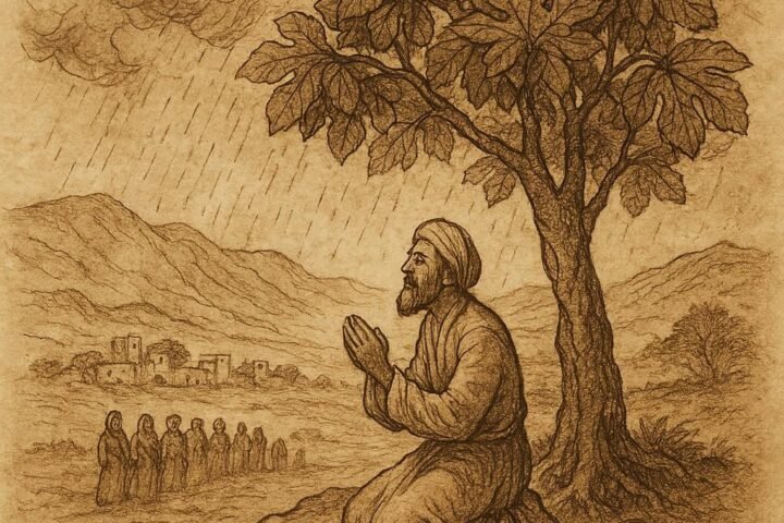 Parchment-style artwork of Zikkfir praying under a fig tree as rain falls, Afghan folktale scene.