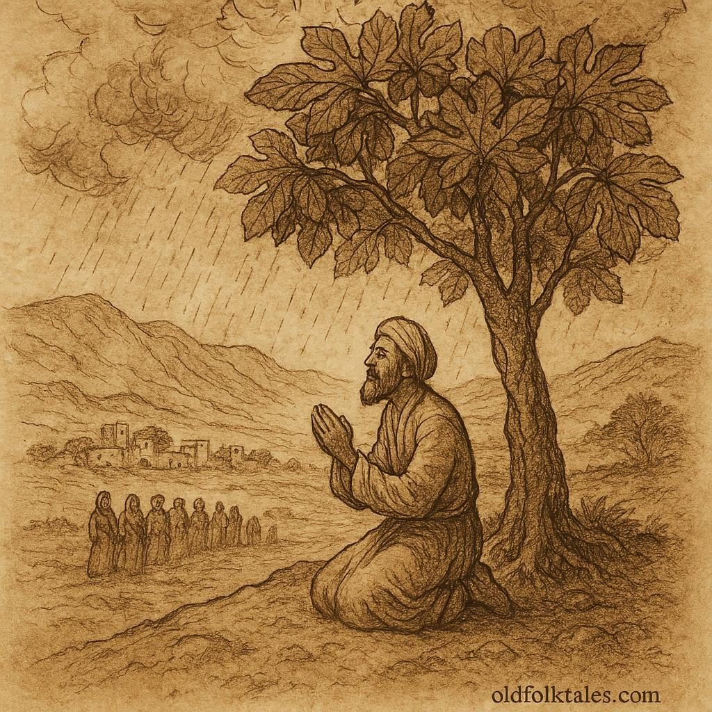 Parchment-style artwork of Zikkfir praying under a fig tree as rain falls, Afghan folktale scene.