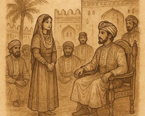 Parchment-style art of the wise maiden before the prince’s court, Omani folktale scene.