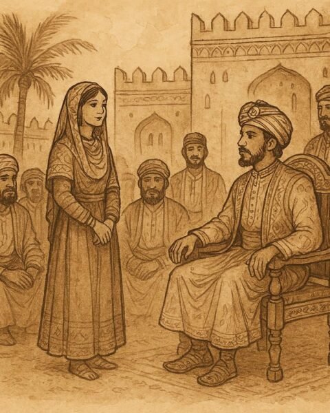 Parchment-style art of the wise maiden before the prince’s court, Omani folktale scene.