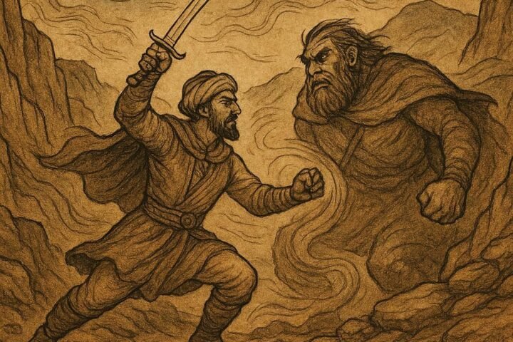 Parchment-style artwork of Chehcl Tan fighting a mountain demon, Afghan folktale scene.
