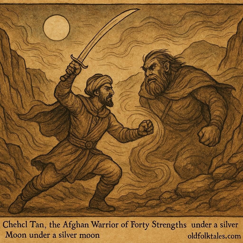Parchment-style artwork of Chehcl Tan fighting a mountain demon, Afghan folktale scene.