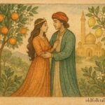 Parchment-style artwork of the Persian princess and prince beneath orange trees, classic Persian folktale scene.