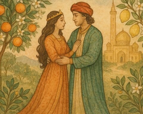 Parchment-style artwork of the Persian princess and prince beneath orange trees, classic Persian folktale scene.