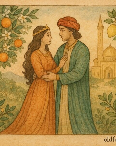 Parchment-style artwork of the Persian princess and prince beneath orange trees, classic Persian folktale scene.
