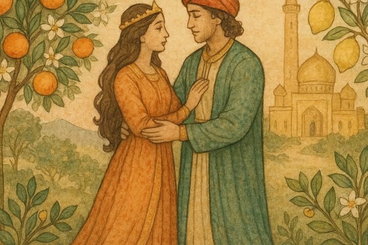 Parchment-style artwork of the Persian princess and prince beneath orange trees, classic Persian folktale scene.