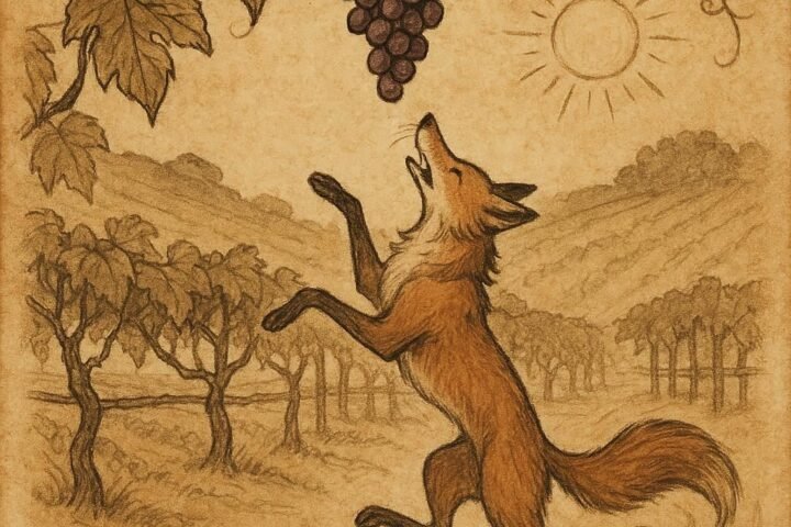 Parchment-style artwork of a fox jumping toward hanging grapes, Kyrgyz folktale scene.