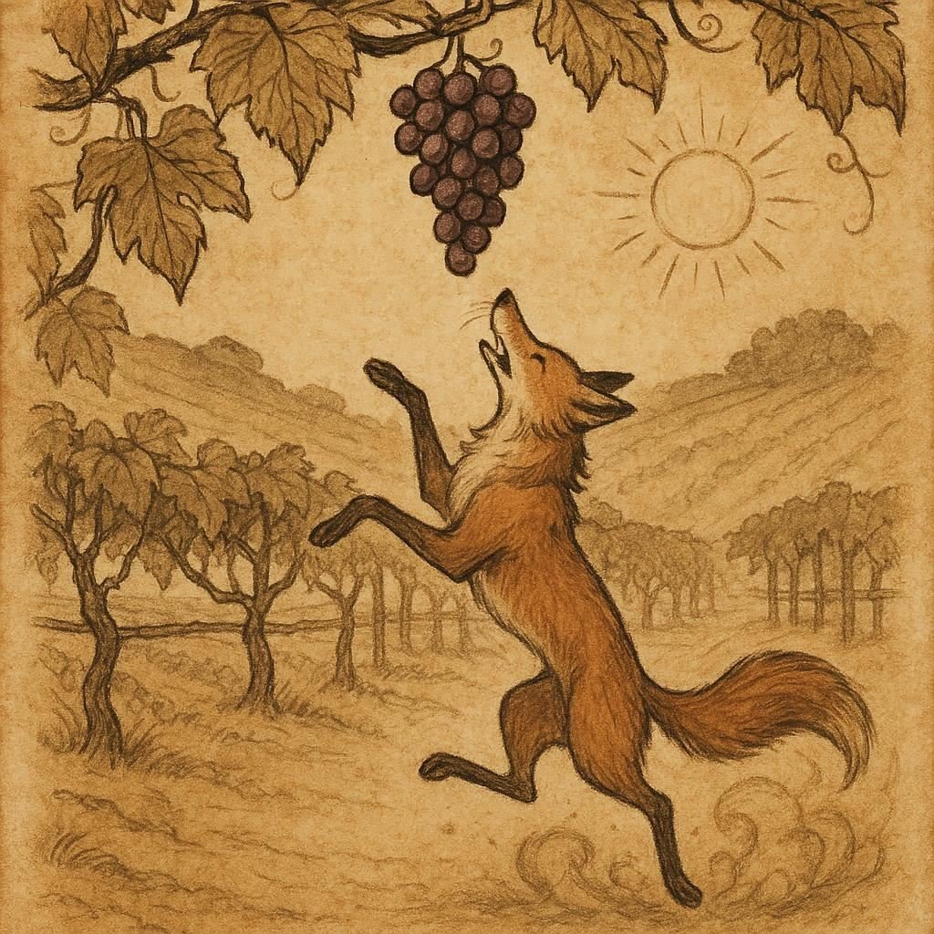 Parchment-style artwork of a fox jumping toward hanging grapes, Kyrgyz folktale scene.