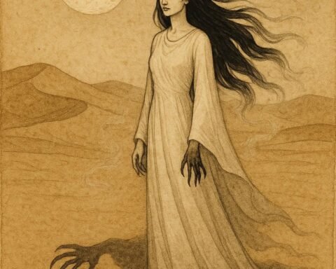 Parchment-style artwork of Umm Al Duwais, the Emirati jinn, standing in moonlit desert dunes.
