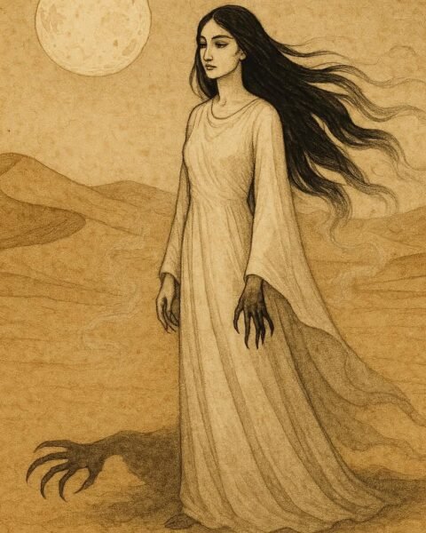 Parchment-style artwork of Umm Al Duwais, the Emirati jinn, standing in moonlit desert dunes.