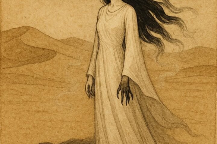 Parchment-style artwork of Umm Al Duwais, the Emirati jinn, standing in moonlit desert dunes.