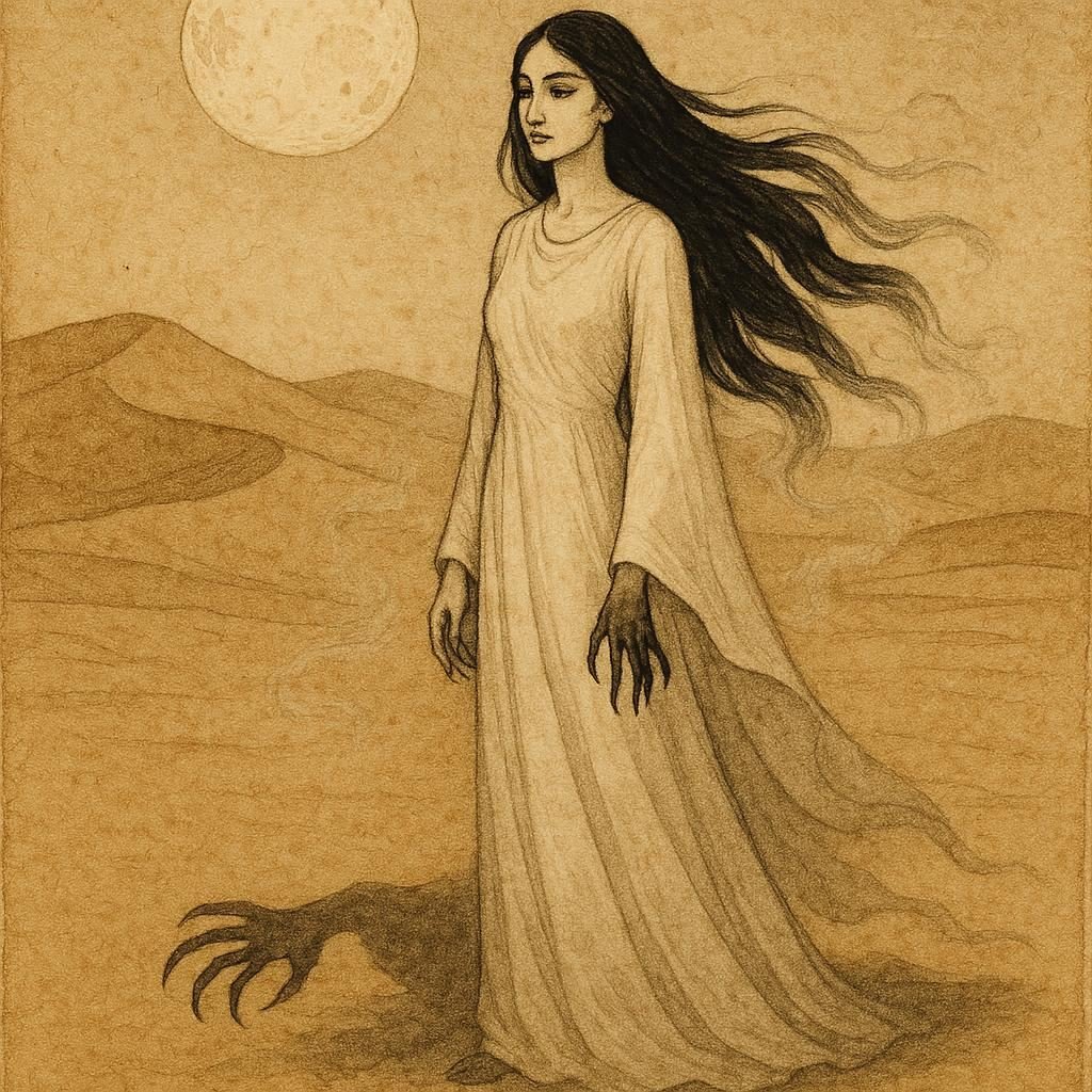 Parchment-style artwork of Umm Al Duwais, the Emirati jinn, standing in moonlit desert dunes.