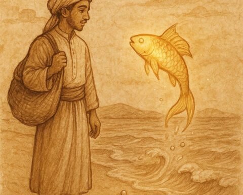 Parchment-style artwork of Kuwaiti merchant and golden talking fish at the seashore