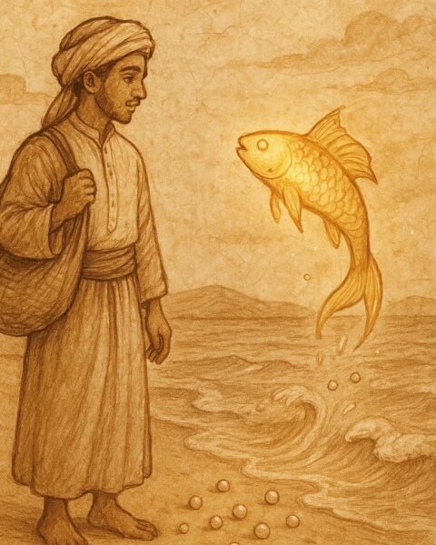 Parchment-style artwork of Kuwaiti merchant and golden talking fish at the seashore
