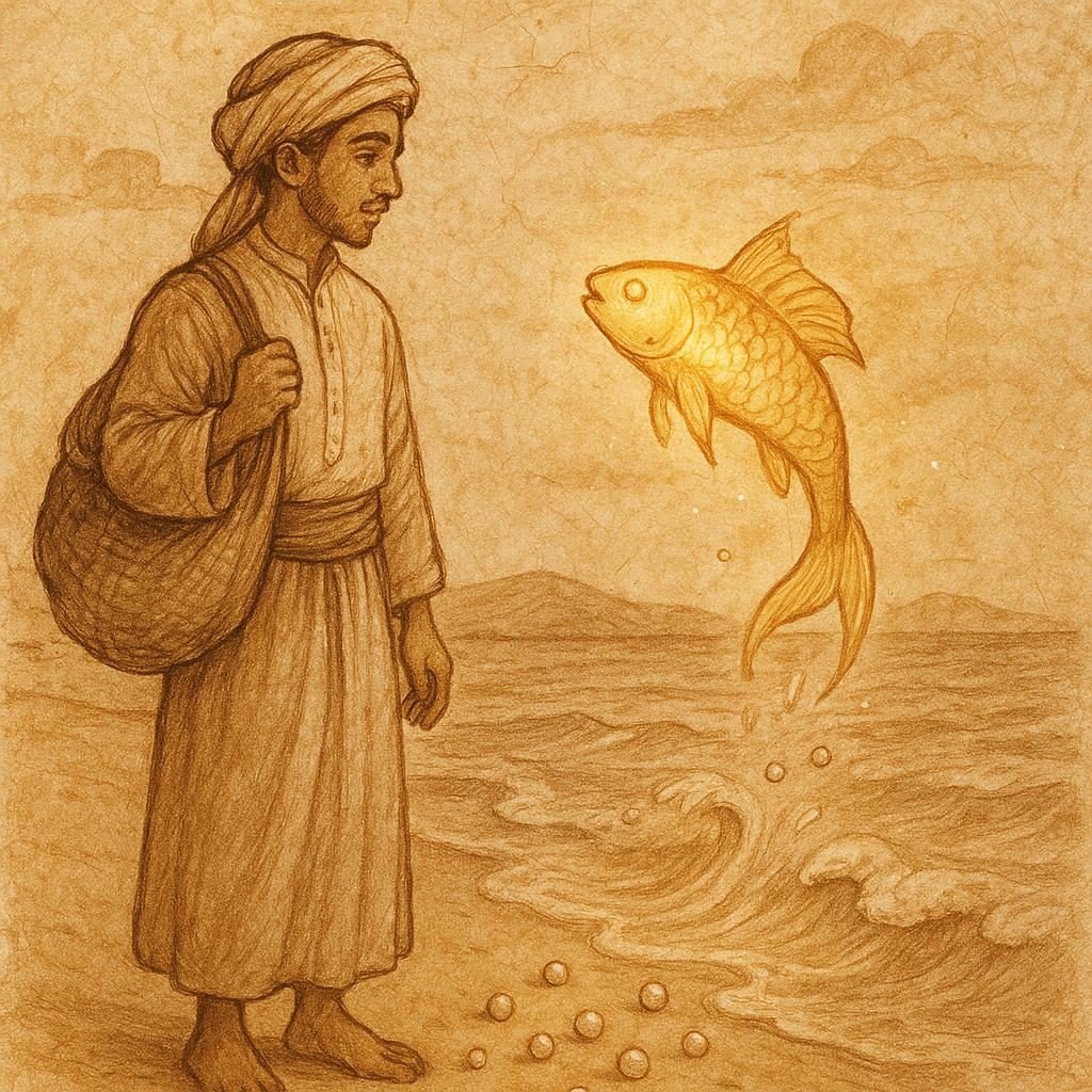 Parchment-style artwork of Kuwaiti merchant and golden talking fish at the seashore