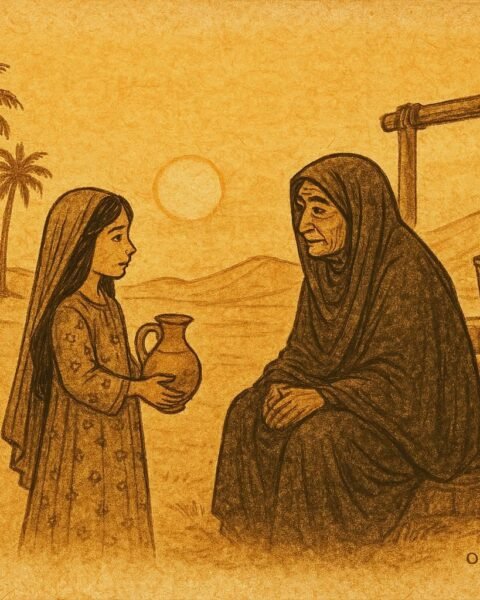 Parchment-style illustration of Emirati girl meeting old woman by desert well, Al Ain folktale.