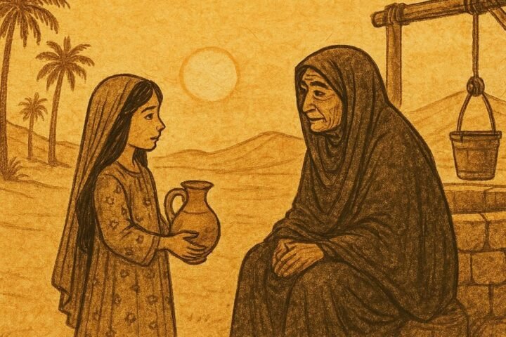 Parchment-style illustration of Emirati girl meeting old woman by desert well, Al Ain folktale.