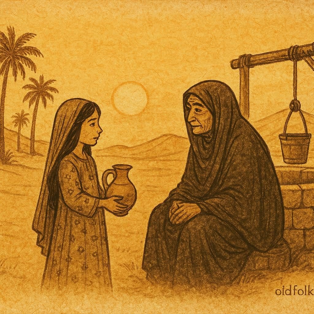 Parchment-style illustration of Emirati girl meeting old woman by desert well, Al Ain folktale.
