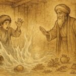 Parchment-style illustration of Turkmen apprentice causing magic chaos, guided by his master.