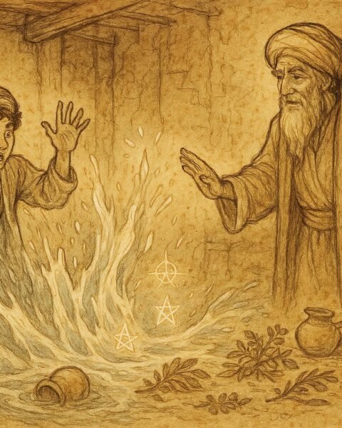 Parchment-style illustration of Turkmen apprentice causing magic chaos, guided by his master.