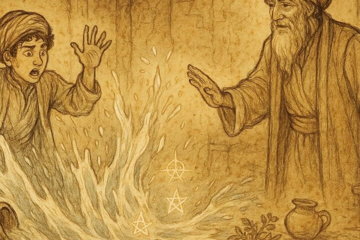 Parchment-style illustration of Turkmen apprentice causing magic chaos, guided by his master.