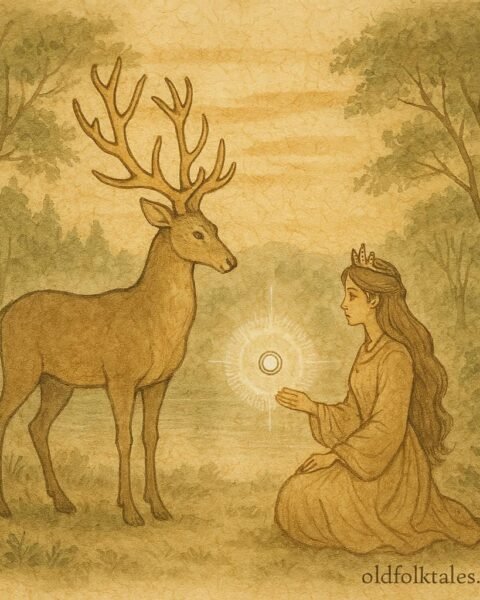 Parchment-style artwork of princess reuniting with golden stag brother in a Turkish folktale scene.