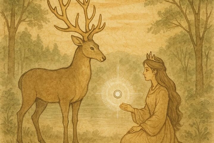 Parchment-style artwork of princess reuniting with golden stag brother in a Turkish folktale scene.