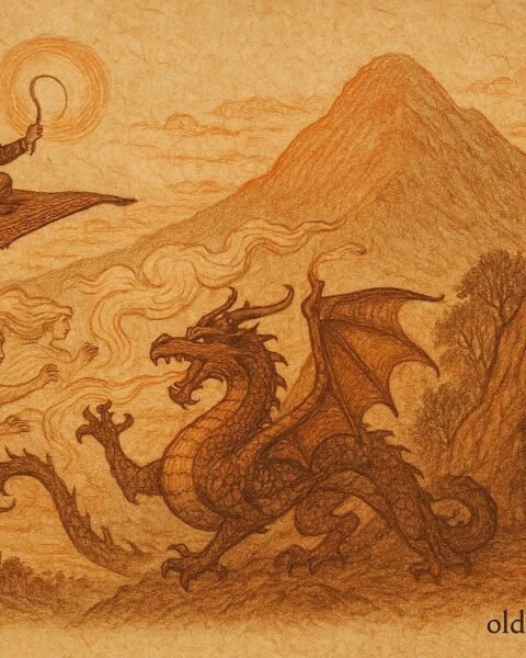 Parchment-style artwork of Ali on a flying carpet battling a dragon, Turkish folktale scene.