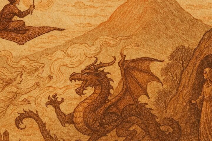 Parchment-style artwork of Ali on a flying carpet battling a dragon, Turkish folktale scene.