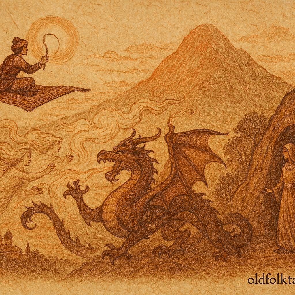 Parchment-style artwork of Ali on a flying carpet battling a dragon, Turkish folktale scene.