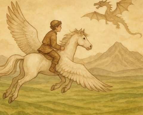 Parchment-style artwork of a boy riding a flying white horse over mountains, Kyrgyz folktale scene.