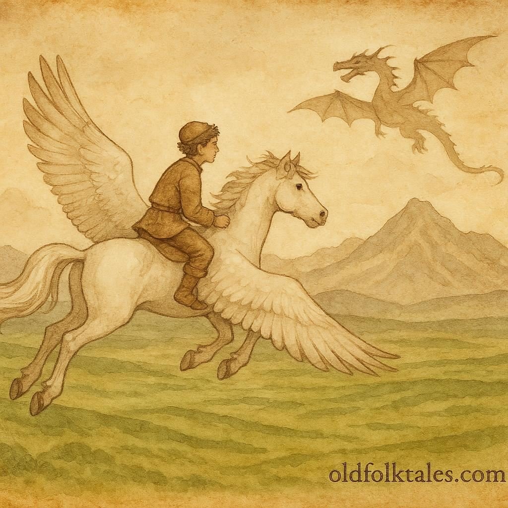 Parchment-style artwork of a boy riding a flying white horse over mountains, Kyrgyz folktale scene.