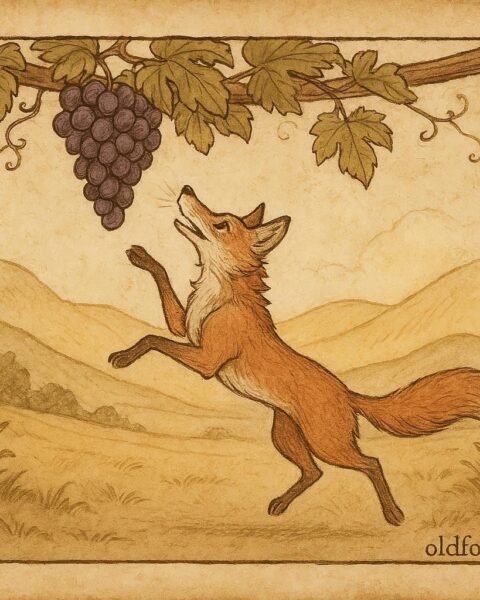 Parchment-style illustration of a fox leaping for grapes on a vine, Tajik folktale scene.