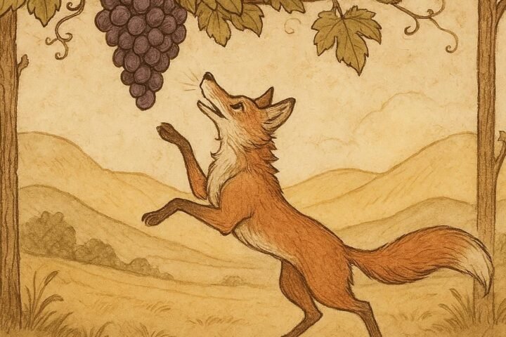 Parchment-style illustration of a fox leaping for grapes on a vine, Tajik folktale scene.