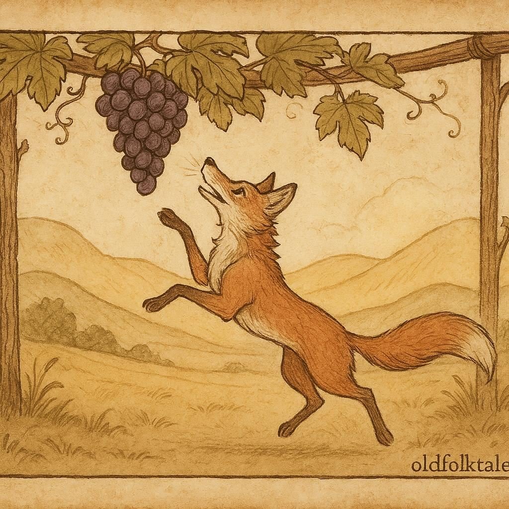 Parchment-style illustration of a fox leaping for grapes on a vine, Tajik folktale scene.