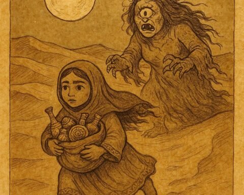 Parchment-style artwork of a Kuwaiti girl fleeing a one-eyed ogress across desert dunes under moonlight.