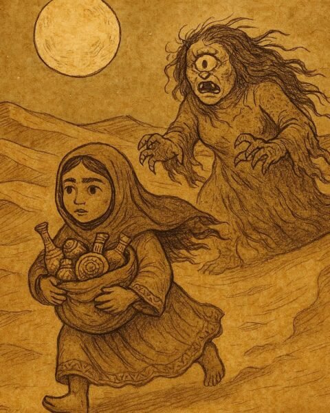 Parchment-style artwork of a Kuwaiti girl fleeing a one-eyed ogress across desert dunes under moonlight.