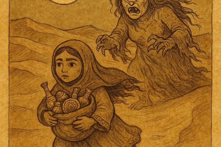Parchment-style artwork of a Kuwaiti girl fleeing a one-eyed ogress across desert dunes under moonlight.