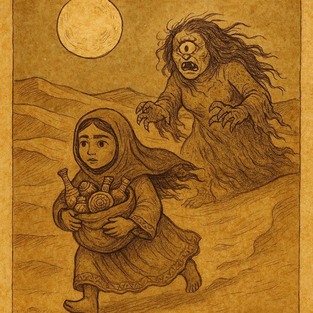 Parchment-style artwork of a Kuwaiti girl fleeing a one-eyed ogress across desert dunes under moonlight.