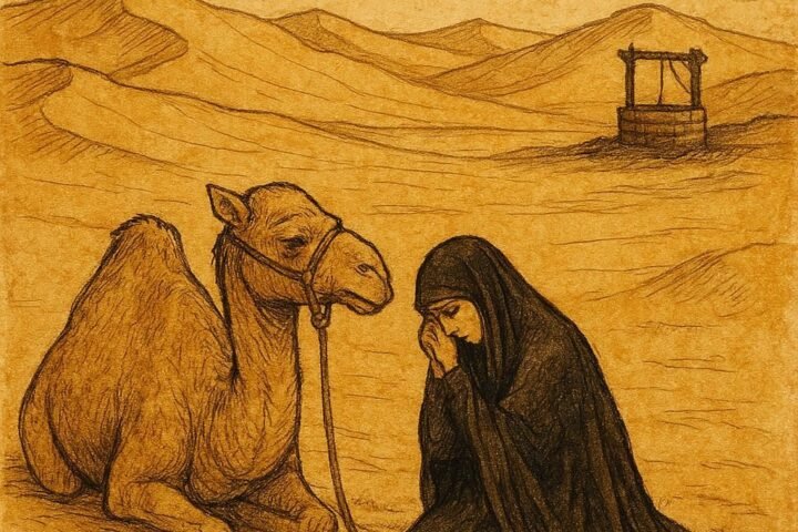Parchment artwork of Alia Al Hilaliya weeping near a desert well, Emirati folktale of pride and loss.