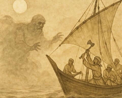 Parchment-style artwork of Emirati sailors facing Baba Darya, the sea demon from UAE folklore