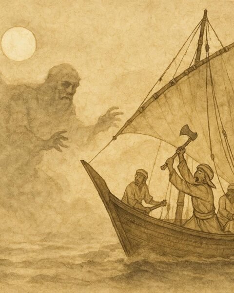 Parchment-style artwork of Emirati sailors facing Baba Darya, the sea demon from UAE folklore