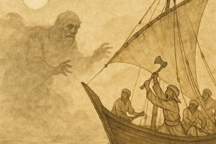 Parchment-style artwork of Emirati sailors facing Baba Darya, the sea demon from UAE folklore