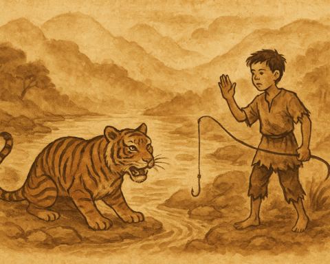 Traditional ink and watercolor illustration on parchment showing a brave orphan boy holding a fishing line and facing a crouching tiger by a river, with misty mountains in the background.