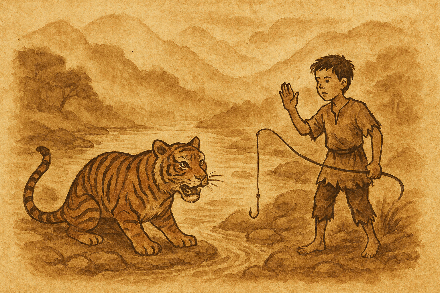 Traditional ink and watercolor illustration on parchment showing a brave orphan boy holding a fishing line and facing a crouching tiger by a river, with misty mountains in the background.