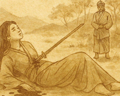 Parchment-style illustration of Mahsuri pierced by keris, white blood flowing, villagers stunned in Malaysian folktale.